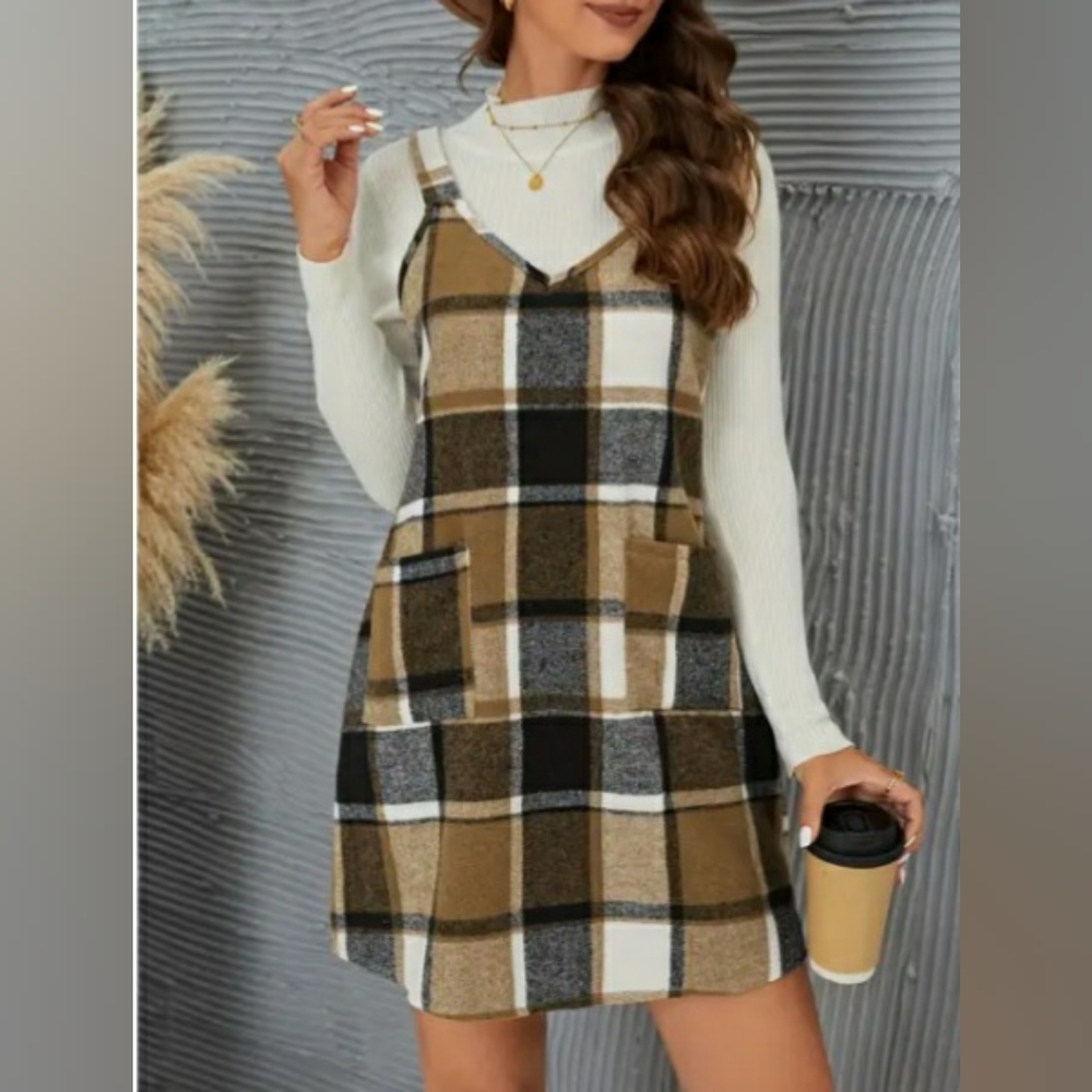 Plaid V-neck A-line fall/winter dress S/M
